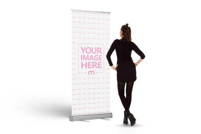 Woman Looking at Roll Up Banner Stand Mockup preview image